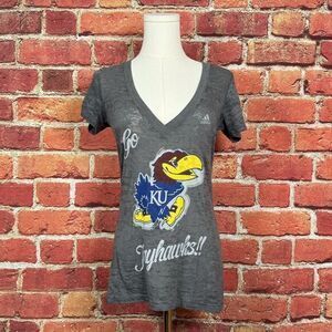 Kansas Jayhawks NCAA Adidas Women's Logo‎ Grey Tri-Blend V-Neck T-Shirt Size M